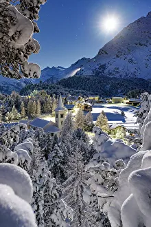 Engadine Prints: Full moon over Chiesa Bianca covered with snow surrounded by woods