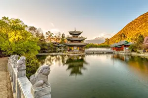 Jade Spring Park Prints: Moon Embracing Pagoda (Deyue Pavilion) as seen from Suocui Bridge in Jade Spring Park