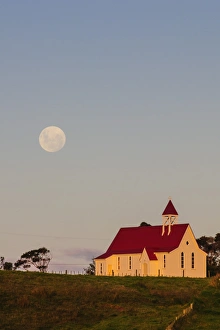 Northland Prints: Full moon behind a little chapel, Westcoast, Northland, North Island, New Zealand, Pacific