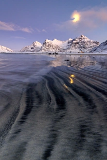 Sublime Prints: Full moon reflected in the icy sea around the surreal Skagsanden beach, Flakstad