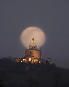 Bologna Prints: Moon rise behind the San Luca Basilica, Bologna, Emilia Romagna, Italy, Europe