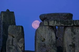 Stone Age Prints: Moon behind Stonehenge, UNESCO World Heritage Site, Wiltshire, England