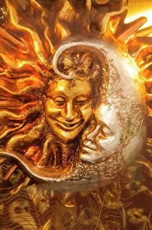 Human Representation Prints: Moon and Sun carnival mask decorations, Venice, Veneto, Italy, Europe