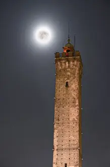 Bologna Prints: Full moon and Torre Asinelli, the highest tower of Bologna and symbol of the city
