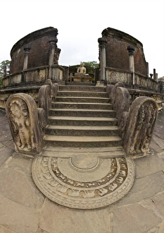 Moonstone and guard stones, entrance to Vatagade, 12th century, UNESCO World Heritage Site, Polonnaruwa, Sri Lanka, Asia