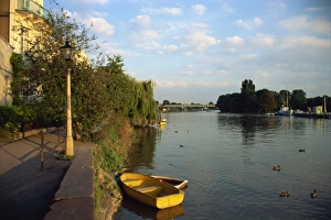 Thames Prints: Moored boat on the Thames at dusk, Strand-on-the-Green, London, England