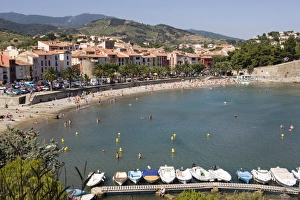 Collioure Prints: Moored boats, Plage de Port d Avall, beach, Collioure, Pyrenees-Orientales