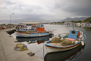 Moorings Prints: Moored fishing boats in Apothika village harbour