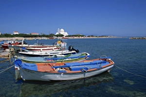 Greek Island Prints: Moored fishing boats on the waterfront near the Scala