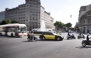 Scooter Prints: Mopeds, taxi and bus, Barcelona, Catalonia, Spain, Europe