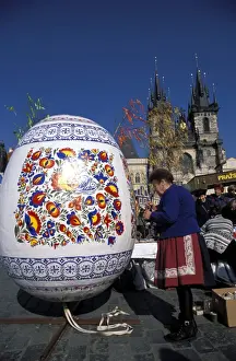 One Woman Prints: A Moravian woman decorating a large egg with Easter designs on the Old Town Square