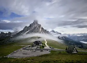 Morning fog, long exposure, at Passo Giau with the Ra Gusela mountain in the mist, Cortina d Ampezzo, Dolomites, Italy, Europe