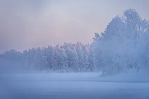 Kuusamo Prints: Morning mist over frozen river, River Kitkajoki, Kuusamo, Finland, Europe