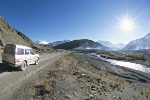 Four Wheel Drive Prints: Morning on old Lhasa-Shigatse road, Kangtsang snow-peak in distance, Tibet, China, Asia
