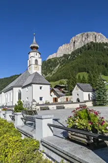 Trento Prints: Morning view of Colfosco (Calfosch) Church and surrounding mountains, Belluno Province
