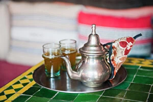 Foreground Focus Gallery: Moroccan mint tea pot at a cafe in Marrakech, Morocco, North Africa, Africa