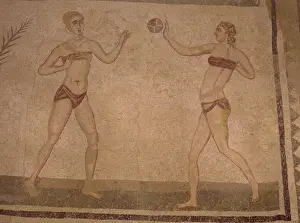 Mosaic Girls in bikinis (doing gymnastics) 4th century AD