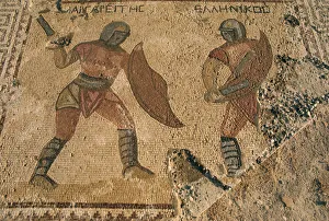Warfare Prints: Detail of mosaic showing fighting warriors with swords and shields, Kourion