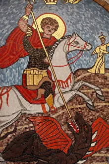 George Prints: Mosaic of St. George slaying the dragon in St. George Coptic Orthodox church, Cairo