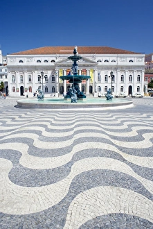 Rossio Prints: Mosaics and fountain with Lisbon Opera House in the background