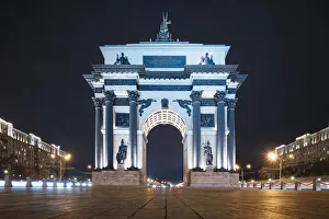 Light Beam Prints: Moscow Gate of Triumph at Night, Moscow, Moscow Oblast, Russia, Europe