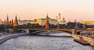 Typically Russian Prints: Moscow River and the Kremlin in early evening light, Moscow, Russia, Europe