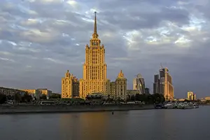 Moskva River Prints: Moskva River and Hotel Ukraine, one of the seven sister skyscrapers, built in Moscow