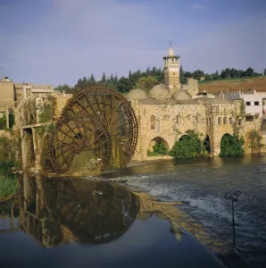 Noria Prints: Mosque al Nuri and waterwhells on Orontes River