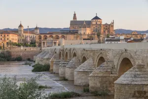 Moorish Prints: The mosque-cathedral and the Roman bridge at first sunlight, Cordoba, Andalusia, Spain