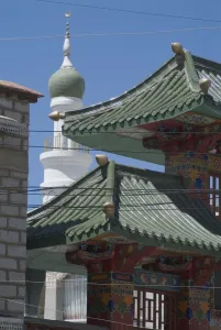 Barkhor Prints: Mosque and Chinese gateway, Moslem district, Barkhor, Lhasa, Tibet, China, Asia