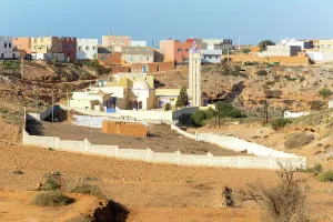 Dusty Prints: Mosque and houses in village of Sidi Boufdail, Mirleft, Morocco, North Africa, Africa