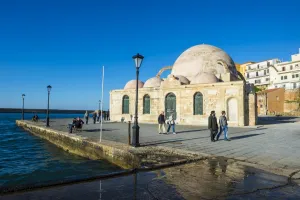 Venetian Prints: Mosque of the Janissaries, in the Venetian port of Chania, Crete, Greek Islands, Greece