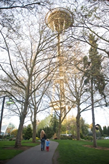 Seattle Prints: Mother and son walk toward the Space Needle
