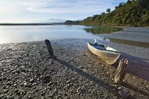 Wooden Post Gallery: Motor boat, Okarito Lagoon, West Coast, South Island, New Zealand, Pacific