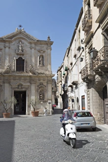 Cathedrals Prints: Motor scooter and Cattedrale di San Cataldo in Taranto, Basilicata, Italy, Europe