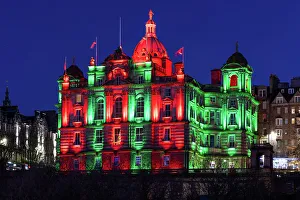 Flag Pole Prints: The Mound lit up for Christmas, Edinburgh, Scotland, United Kingdom, Europe