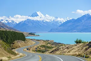 Freeways Prints: Mount Cook, Highway 80s curve road and Lake Pukaki, Mount Cook National Park