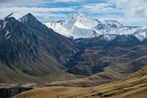 Altitude Prints: Mount Elbrus region shows snow-capped peaks and valleys in Kabardino-Balkaria, Russia