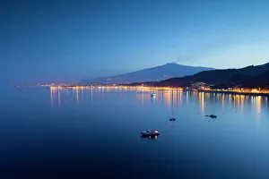 Mount Etna Prints: Mount Etna and Giardini Naxos at dusk, Sicily, Italy, Mediterranean, Europe