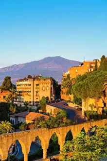 Sicily Gallery: Top of Mount Etna volcano at sunrise rising above Taormina, Sicily, Italy, Mediterranean, Europe