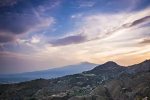 Taormina Prints: Mount Etna Volcano at sunset, UNESCO World Heritage Site, Taormina, Sicily, Italy, Europe