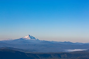 Mount Jefferson and mist over Trillium Lake, seen from Mount Hood, part of the Cascade Range