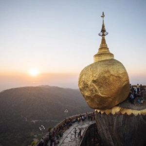 Gold Colour Prints: Mount Kyaiktiyo (Golden Rock) at sunset, Mon State, Myanmar (Burma), Asia