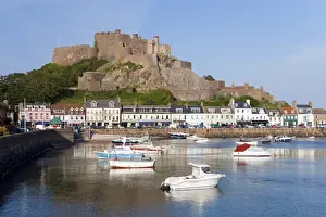 Mount Orgueil Castle, overlooking Grouville Bay in Gorey, Jersey, Channel Islands