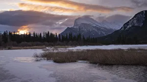 Mount Rundle sunrise with lake ice, Vermillion Lakes, Banff National Park
