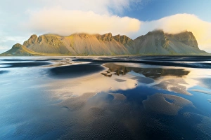 Stokksnes Prints: Mount Vestrahorn shrouded in clouds at sunrise, Stokksnes, Iceland, Polar Regions