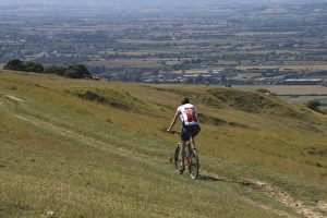 Adolescent Prints: Mountain biker on public bridleway, Cleeve Hill, The Cotswolds, Gloucestershire