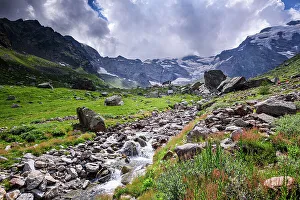 Hiking Trails Prints: Mountain creek, rocks and meadows, Monte Rosa, Dufourspitze, Italian Alps, Italy, Europe