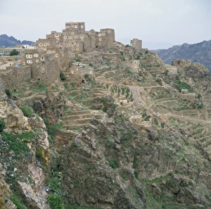 Hill Village Prints: Mountain fortress village and terraced fields