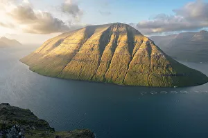 Seasonal Changes Prints: Mountain landscape with golden light at sunset, Faroe Islands, Denmark, Atlantic, Europe